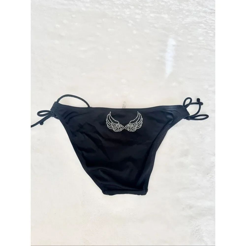 Victoria’s Secret Black Angel Wings Rhinestone Side Tie Bikini Bottoms Size S